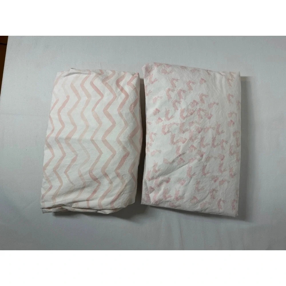 2 Pottery Barn Kids Organic Cotton Crib Fitted Sheets Pink Bunny Chevron 27x52
